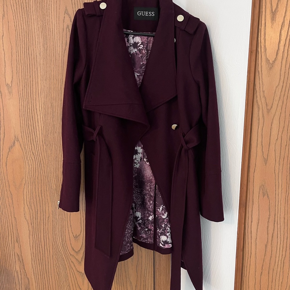 Guess Purple Trench Coat with Tie Belt and Wide Collar